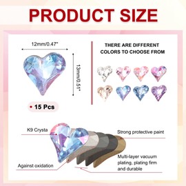 MECCANIXITY 15 Pcs 3D Heart AB Blue Nail Rhinestones 12x13mm K9 Glass Crystal Rhinestones Pointed Back Crooked Heart Gems for Nail Charm Art DIY Craft