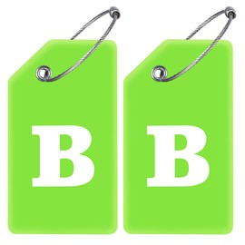Gostwo 2 Pack Rubber Luggage Tags for Suitcases, 26 Initial Letter Baggage Labels Handbag School Bag Suitcase Instrument Tag with Stainless Steel Loop(Bright Green)(Letter B)