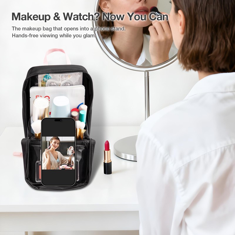 Abiudeng Stand Up Travel Makeup Bag, Small Black Waterproof Cosmetic