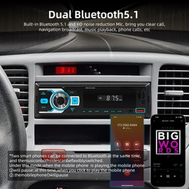 Car Radio 1 DIN with Bluetooth 5.1 - Car Radio Bluetooth with FM Radio, App Control, Voice Control, Hands-Free System, USB/AUX/TF Input, Power Off Memory + Remote Control