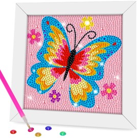 QEUOYSS Diamond Art Kit for Kids with Wooden Frame Art and Crafts for Kids Ages 6-8 -10-12 Easy to DIY Diamond Art for Kid and Adult Beginners Home Wall Decoration (Butterfly)