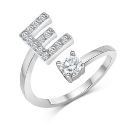 Zelaro Silver Ring with Letter, Cubic Zirconia Ring with Initials, Couple Rings for Girls, Gift for Girlfriend, Women's Ring as Jewellery Rings for Anniversary, Adjustable Rings in Silver,