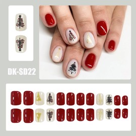 LBPEPAMZ Christmas Press on Nails Short Square Fake Nails with Colorful Xmas Tree Designs White Red Full Cover Glossy Acrylic Nails False Nails Solid Color Winter Stick on Nails for Women Decor 24Pcs