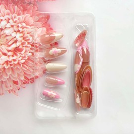 Summer Press on Nails Medium Length Fake Nails 3D Hand-Draw Flowers False Nails French Tip Full Cover Almond Nails Gradient Floral Petal Designs Acrylic Nails Glossy Pink Glue on Nails