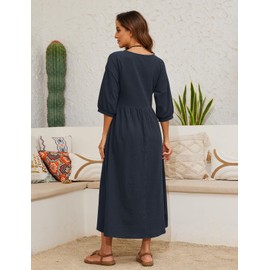 Womens Linen Cotton Dresses Solid 3/4 Sleeves Maxi Casual Dress with Pocket Blue XL