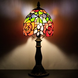 Small Tiffany Lamp Mini Accent Table Lamp Stained Glass Desk Memory Lamp Sympathy 6X14.6 Inch (Red Yellow Rose Style)