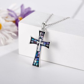 DAYLINLOVE Cross Necklace S925 Sterling Silver Mosaic Abalone Shell Necklace Religious Cross Pendant Christian Jewelry Gifts For Women Men