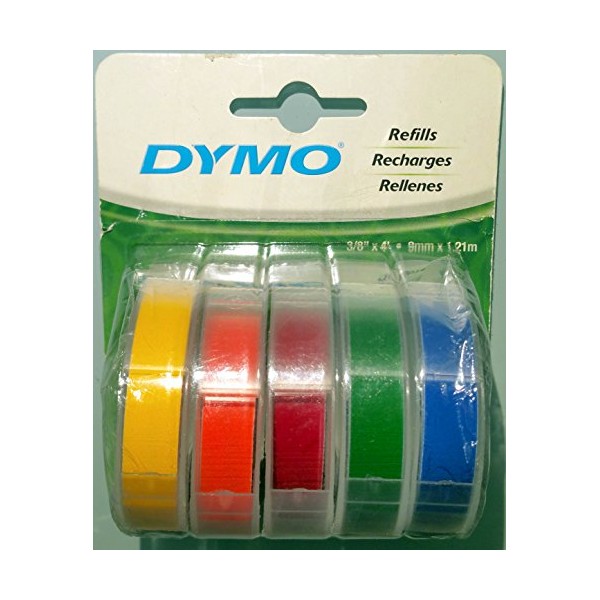 DYMO Model 728414 Assorted Glossy Finish Labeling Tapes, 3/8in. x 4ft, Pack of 5
