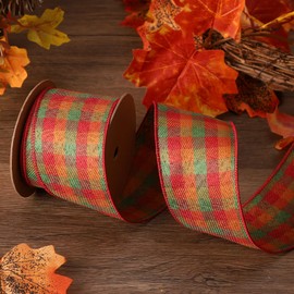 LaRibbons Fall Burlap Plaid Ribbon Wired 2 1/2" x 10 Yards,Orange Green Red Plaid Ribbon for Autumn Wreath Thanksgiving Farm Gift Wrapping Home Decor