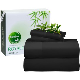ROYALE LINENS Bamboo Viscose Full Sheet Set - Cooling Bed Sheet Set - 1 Fitted, 1 Flat & 2 Pillowcase - Fits Up to 16" - Organic Viscose Derived from Bamboo - Bedding Sheet & Pillowcase (Full, Black)