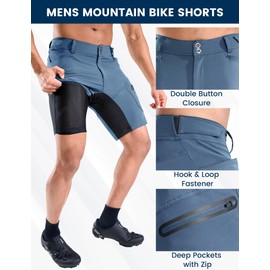 Nepest Mountain Bike Shorts Men's Short MTB Shorts Padded 3D Cycling Shorts Loose with Zip Pocket Bike Shorts Breathable, Dusty blue, M