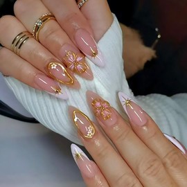 French Tip Press on Nails with Embossed Flower Designs Almond Medium Fake Nails White French False Nails Reusable Stick on Nails Glossy Gel Nail Acrylic Nail Kit for Coquette Women 24Pcs