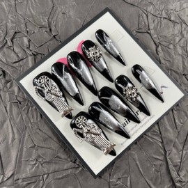Press on Nails Handmade Nails 10Pcs Dark Gothic Style Skeleton Manual Press on Nails Black Skulls Fake Nails for Women Party Holiday Photo Size M