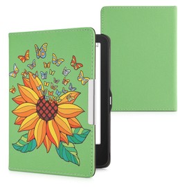 kwmobile Flip Case Compatible with Tolino Vision 1/2/3/4 HD Case - eReader Case - Sunflower & Butterfly Yellow Green