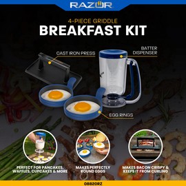 RAZOR 4 Piece Breakfast Kit for Griddle- Pancake Batter Dispenser, 2 Silicone Egg Rings, and Cast Iron Griddle Pess