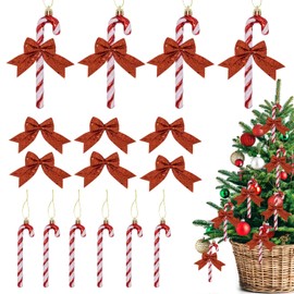 Christmas Decorations 6 PCS Glitter Christmas Candy Cane and Red Bows for Christmas Tree Decorations Hanging Ornament for Xmas Holiday Party Home Decoration A7GZHDJ