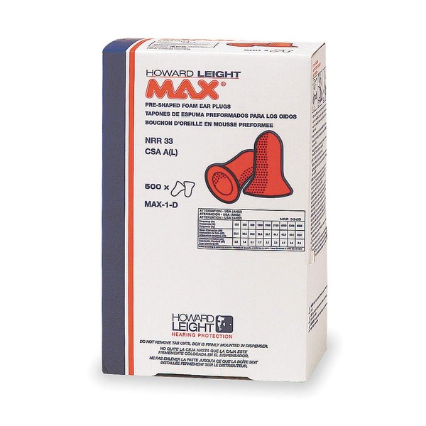 Howard Leight MAX-1-D-USA MAX1-D Earplugs Refill for Dispenser, Bulk Pack of 500 Pairs/Box