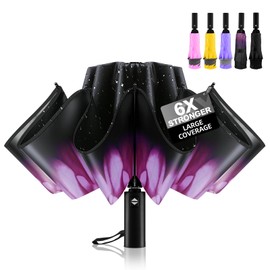 Trenovo Windproof Trave Inverted Umbrella, Reverse Compact Umbrellas for Rain, Portable Large Folding Sun UV Automatic Upside Down Umbrella for Car Backpack (Purple Flower)