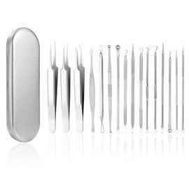 16 Piece Blackhead Remover Comedone Squeezer Set, Tweezers Set with Metal Box for Face Defects, Suitable for Women and Men, for All Skin Types