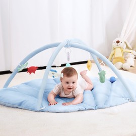 ANGELBLISS Baby Play Gym Mat, Reversible Tummy Time Mat with 5 Sensory Toys for Stage-Based Developmental, Thick & Large Baby Activity Center from Newborn to Toddler (Blue)