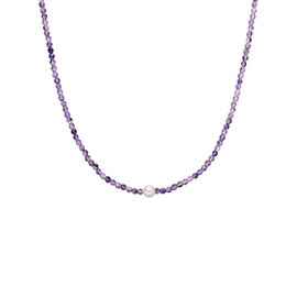 Valero Pearls Women's Necklace 925 Sterling Silver Rhodium-Plated with Potato Freshwater Cultured Pearl Approx. 8.0-8.5 mm Amethyst Gemstone Necklace, Amethyst