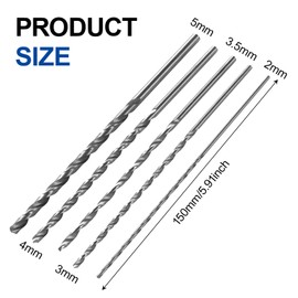 5 Pcs Extra Long Twists Drill Bit Set, 150mm Extra Long High Speed Steel Twist Drill Bit Kit, 2MM 3MM 3.5MM 4MM 5MM Hardness Spiral Drill Bit Straight Shank Set Speed Steel Drill Bits Set