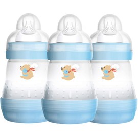 MAM Easy Start Self Sterilising Anti-Colic Baby Bottle 3 Pack (3 x160 ml) with Slow Flow MAM Teats Size 1, Newborn Essentials, Blue (Designs May Vary)