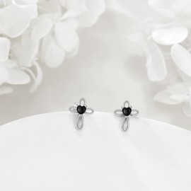 VONALA Cross Earrings 925 Sterling Silver Black Onyx Heart Shaped Cross Stud Earrings Religious Christian Baptism Jewelry First Communion Day Gifts for Women