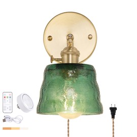 Shenmoyl Vintage Battery Operated Wall Sconce, Wireless Battery Powered Wall Sconces with Remote Control, Dimmable LED Plug in Wall Light for Bedside Bathroom Living Room (Blackish Green Frosted)