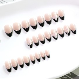 EYZOTSF Press on Almond Nails Medium Length Glossy Full Cover Acrylic Almond Shaped False Nails with Designs Artificial Fake Nail with Charms Glue Stick ons Fingernails for Women Girls(JL0674)