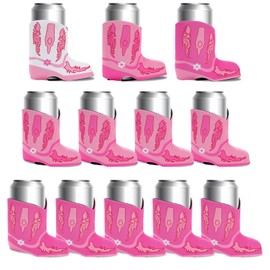 Whaline 12 Pack Cowgirl Can Sleeves Boot Skinny Slim Can Cooler Covers Pink White Rose Red Insulated Neoprene Thermocoolers for Western Party Drink Supplies,4.6 x 5.5 in