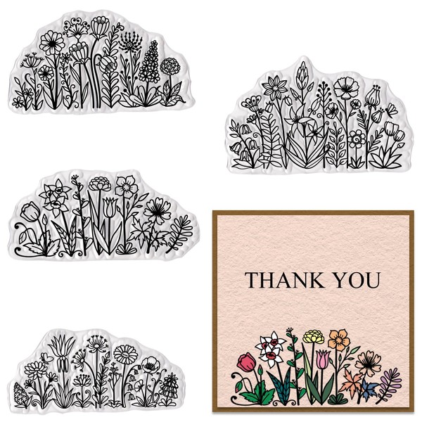 Hying 4 PCS Flowers Background Clear Stamps for Card Making, Daisy Flowers Rubber Stamps Florial Scenery Transparent Stamp Seal for Crafting DIY Scrapbooking Photo Album Decorations