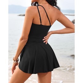 One Piece Swim Dress - Women One Shoulder Tummy Control Swimsuit with Skirt 2025 Skirted Bathing Suit Swimdress Black M