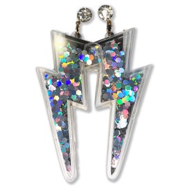 Lightning Bolt Earrings w/Glitter Sparkle Sequins Inside, acrylic w/ rubber backing