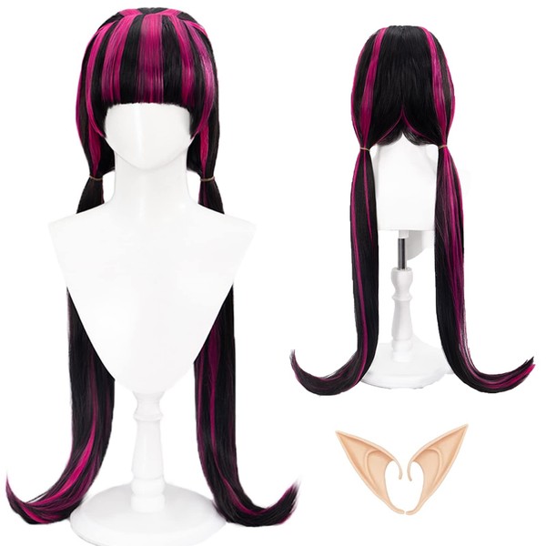 Black Mix Pink Cosplay Wig with Fringe, Elf Ears and