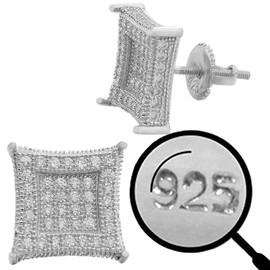 Real Solid 925 Sterling Silver - Men's Earrings - Iced CZ 10mm Kite Earrings Screw Backs - Flooded Out Aretes