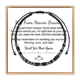 VBWEOI Hug from Heaven Morse Code Bracelet, Until We Meet Again Morse Code Bracelet, Inspirational Bracelets for Women and Man with Black Hematite Beads