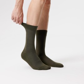 VRD Bamboo Rayon Mens Dress Socks for Men, 1-Pack Green Khaki Honeycomb Design, Crew Length Mid-Calf Socks, Mens Shoe Size 8-13