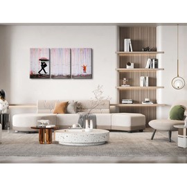 Wieco Art 3 Piece Banksy Famous Canvas Paintings Wall Art Raining day Modern Large Inspirational Grey Love Pictures Print Artwork for Dining Room Kitchen Home Office Decor