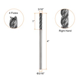 HARFINGTON Carbide Square Nose End Mill Bit 3/16" Cut Dia 4 Flutes TiAlN Coated Milling Cutter for Hardened Steel Metal (3/16" Shank 1" Cut Length 4" Long 30 Degree Helix)