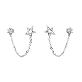 Round CZ Star Double Piercing Earrings 925 Sterling Silver Tassel Chain Dangle Drop Crystal Stud Earring for Women Girls Fashion Unique 2 Ear Holes Hypoallergenic Birthday Christmas BFF Jewelry Gifts