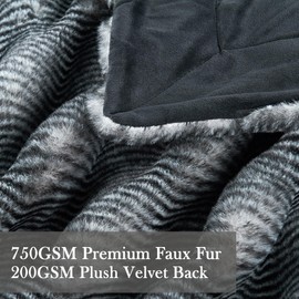 BYTIDE Luxurious Stripe Faux Fur Throw Blanket Reversible to Cozy Velvet, 750GSM Soft Fuzzy Fluffy Plush Furry Warm Blanket for Couch Bed Chair Sofa Bedroom, 50"x60", Black
