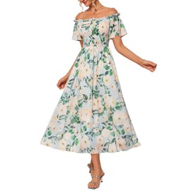 GRACE KARIN Floral Summer Dresses for Women 2025 Wedding Guest Dresses Smocked Off Shoulder Flowy A Line Maxi Sundresses M Green Flower