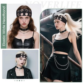 Noverlife Women Hollow Out Eyelets Elastic Headband, Y2K Punk Grunge Fashion Wide Headband, Grommet Fashionable Eyelet Design Headbands, Black Eyelets Elastic Stretchy Casual Hair Headbands for Girls