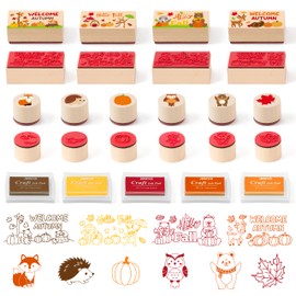 15Pcs Fall Wooden Rubber Stamps Set Autumn DIY Craft Card Ink Pads