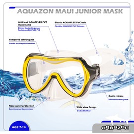 aquazon Maui Junior Medium Schnorchelbrille, Taucherbrille, Schwimmbrille, Tauchmaske für Kinder, Jugendliche von 7-12 Jahren, Tempered Glas, sehr robust, tolle Passform, Farbe:gelb