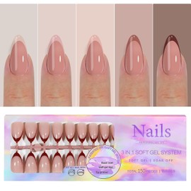 French Gel Nail Tips -150Pcs French Tip Press on Nails Pink Medium Almond 3 in 1 X-coat Tips Pre-applied Base Coat, No Need to File Fake Nails for Nail Art DIY 15 Sizes (Gradient red, Almond)