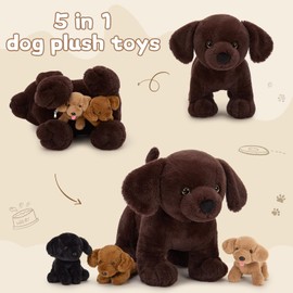 BENINY 4Pcs Lab Stuffed Animals - 16" Huggable Chocolate Mama Labrador Dog with 3 Hidden Puppies (Black/Yellow/Dark Brown) - Plush Toys Gifts for Kids
