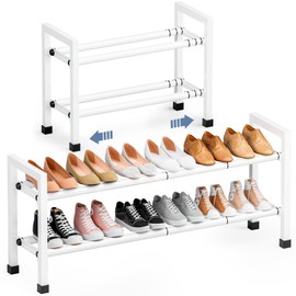 Mavivegue Expandable Shoe Rack, 2-Tier 19"-43.3" Adjustable Shoe Rack for Closet,Hall Entryway,Front Door,Garage, Sturdy Steel Space-Saving Rack, White​