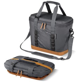 CleverMade Collapsible Cooler Bag, 30 Can Beach & Travel Car Cooler, Folding Soft Cooler, Shoulder Strap, Bottle Opener, Great Car Coolers for Travel, Leak Proof Cooler Bag [Cool Gray/Cognac]